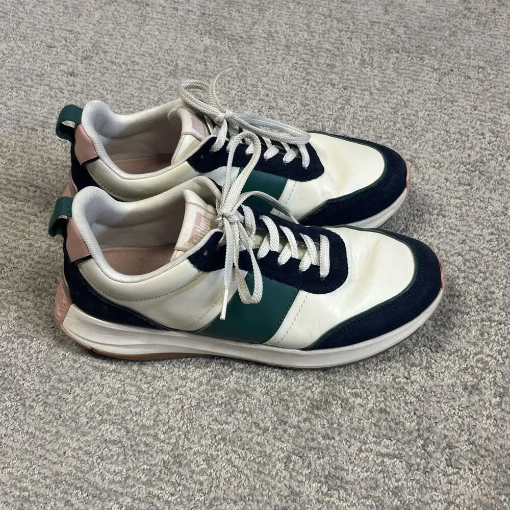 FitFlop F-Mode Shoes Womens 11 White Navy Green Leather Suede Sneakers